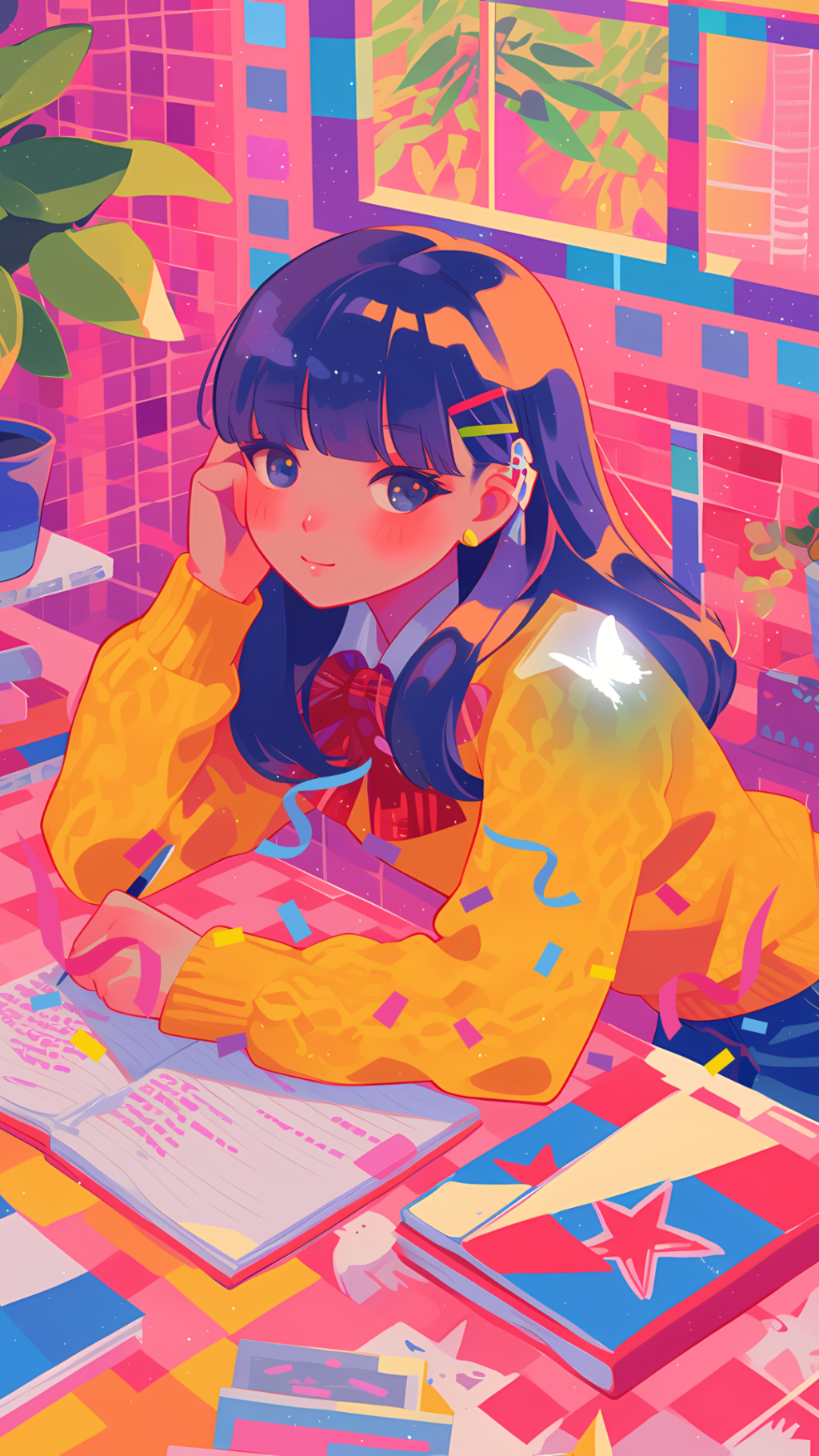 Cover art for "She's Technicolor" Maya is in a very colorful setting. Ready to create illustration for the publication she works for.